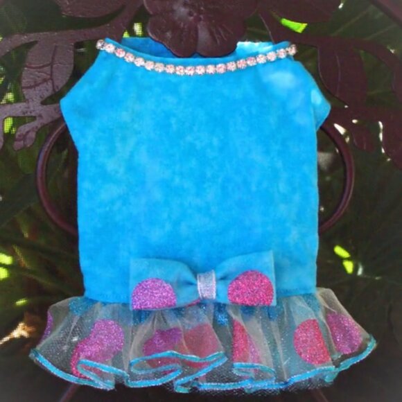 Handmade Rhinestone Tutu Dog Dress Turquoise Medium Fully Lined (NWOT) - Picture 1 of 11